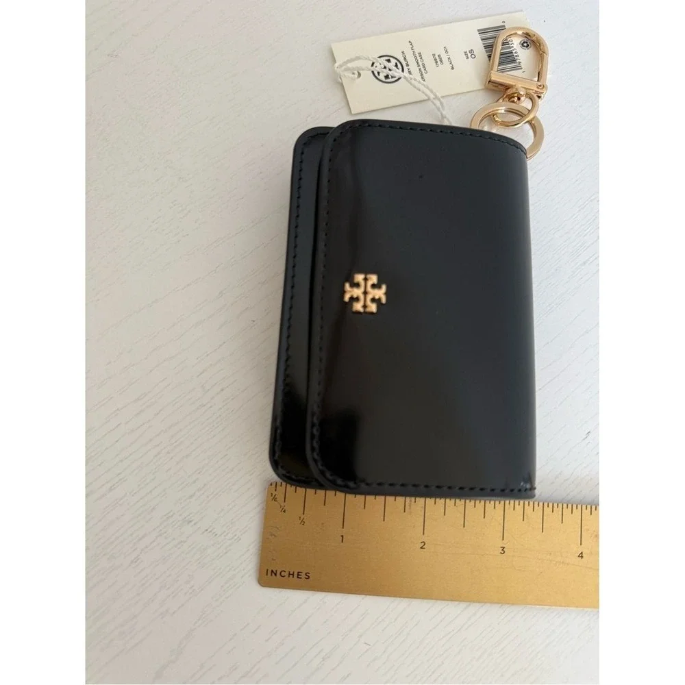Tory Burch Emerson Smooth Flap Card Case Wallet 176972 Sleek Black Zip Key Hook